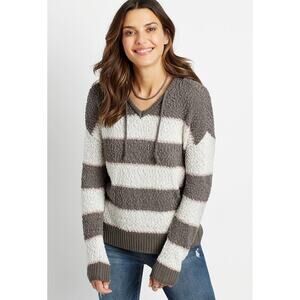 Maurices Sweater Womens XS Brown & Ivory Striped Hooded Pullover Popcorn Knit